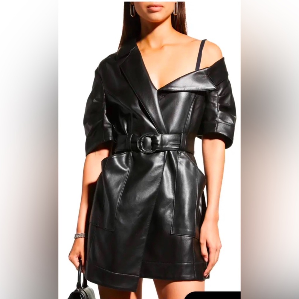CINQ A SEPT Katie Belted Faux-Leather Dress in Black, Size 2